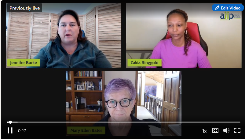 Thumbnail view of March 14 LinkedIn session with Jennifer Burke, Zakia Ringgold, and Mary Ellen Bates