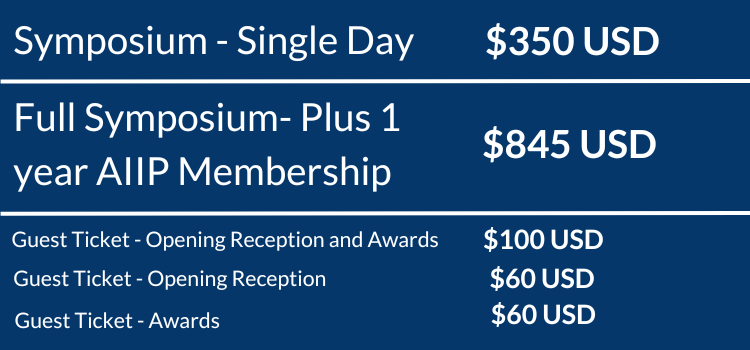 Graphic showing extra ticket types available: Symposium Single Day ticket, Full Symposium plus 1 year AIIP membership and Guest Tickets for Opening Reception and Awards